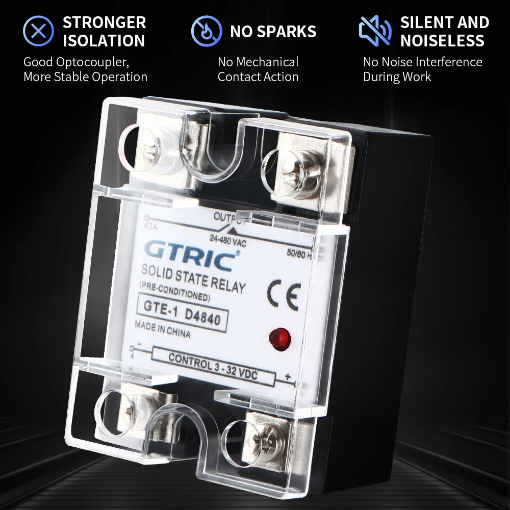 GTRIC SSR Solid State Relay Module 10A 25A 40A 50A 60A 80A 100A DC To AC AC To AC DC To DC 24-380V AC Single Phase Control Relay