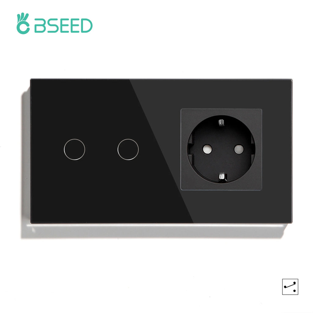 BSEED EU Standard 1/2/3Gang 2Way Wall Touch Switch Light Sensor Switches Wall Socket USB Type-C Crystal Glass Panel 240V Black