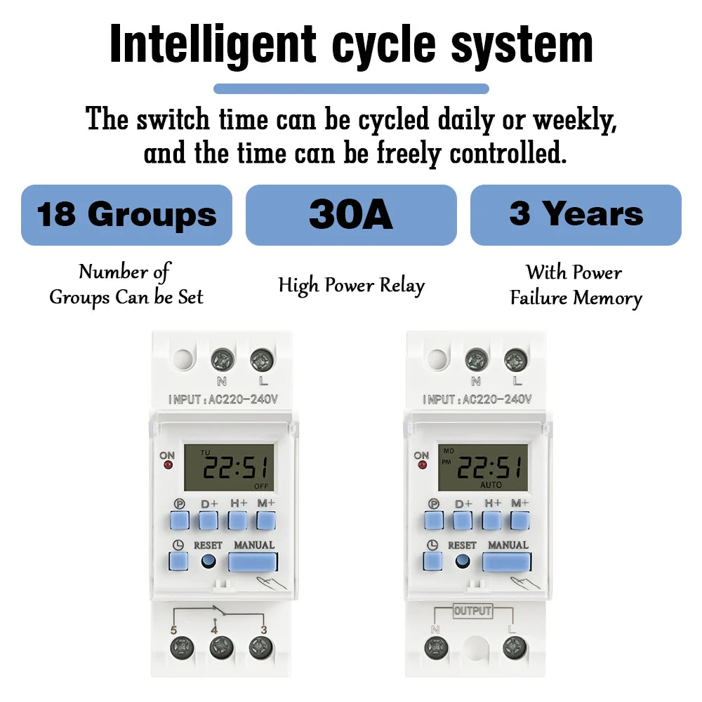 Electronic Weekly 7 Days Programmable Digital Timer Switch Relay Timer Control Din Rail THC AC 220V 230V 110V DC 12V 24V 48V 30A