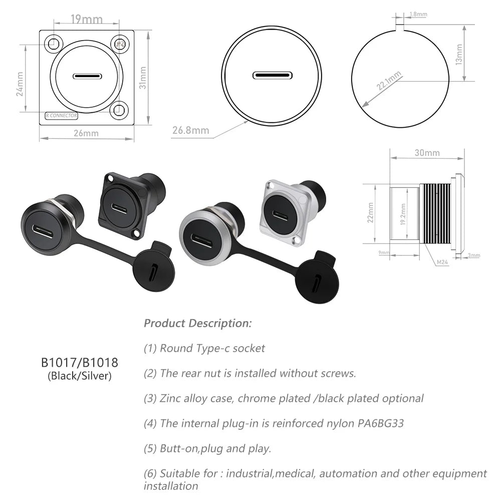 Waterproof D Type Chassis Connector,Type C Female to Female USB-C Converter Adapter Type-C Panel Mount DIY Jack with Dust Cover