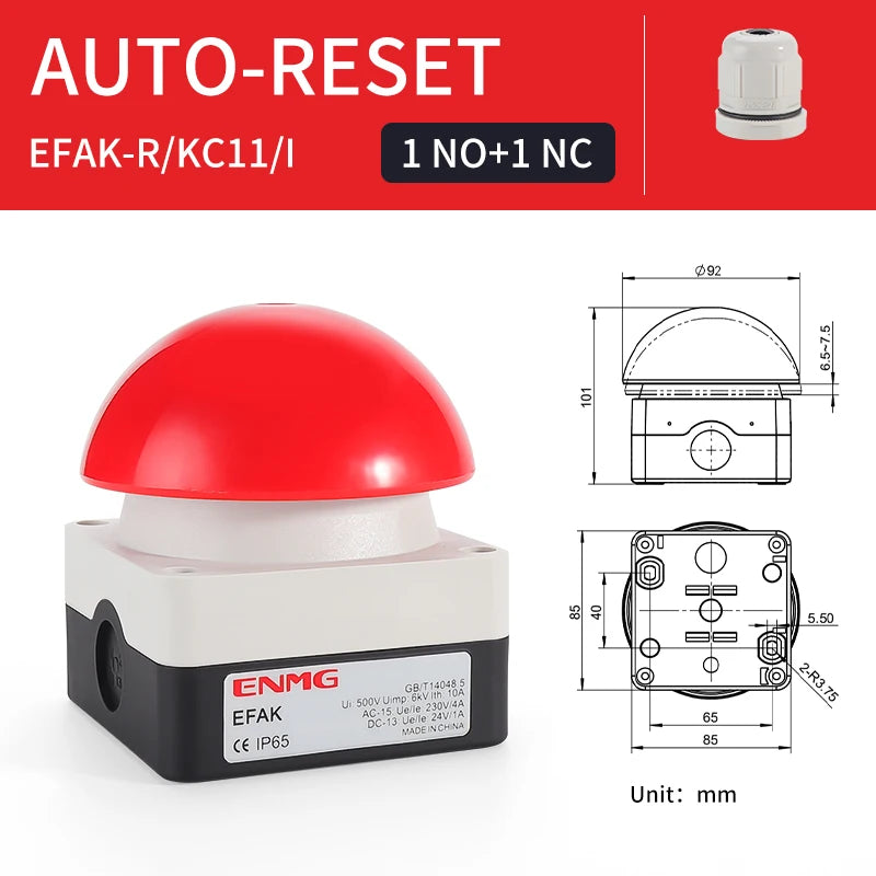 ENMG Big Mushroom Button Switch EFAK IP65 Foot Pedal Hand Tap Self-Resetting Waterproof Dustproof Emergency Stop Switch Locking