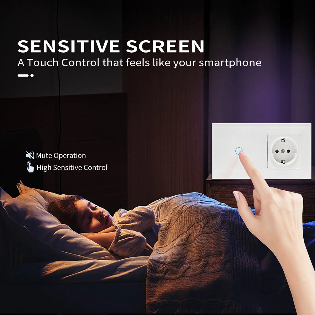 Touch Light Switch With EU Socket 1 Gang 2 Way Wall Light Switch LED Sensor Tempered Glass Interrupter EU Standard 240V