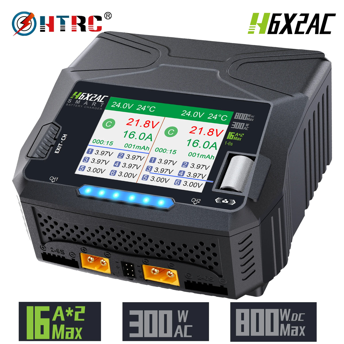 HTRC H6X2AC Dual Channel Battery Charger DC 400WX2 AC300W 16AX2 for 1S~6S Lipo Li-ion LiFe LiHV LTO NiMh RC Battery Fast Charge