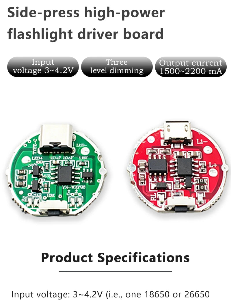 Micro USB & Type-C Dual Interface Side Press Flashlight Driver Board 3-Speed Dimming Constant Current Circuit Board