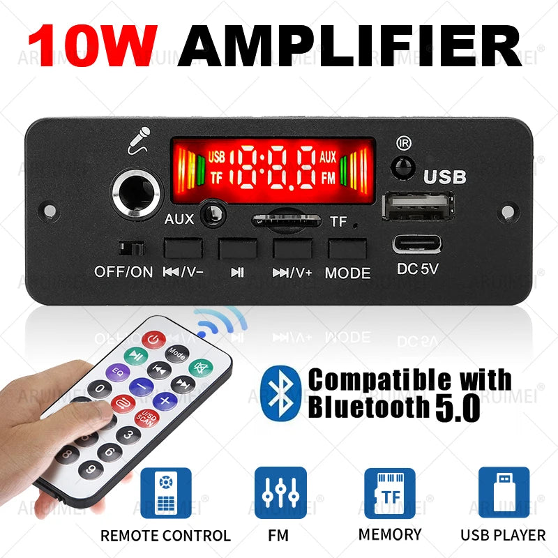 ARUIMEI 10W Digital Amplifier MP3 Decoder Board DC 5V Bluetooth 5.0 FM Support Microphone Car MP3 Player with Remote Controller