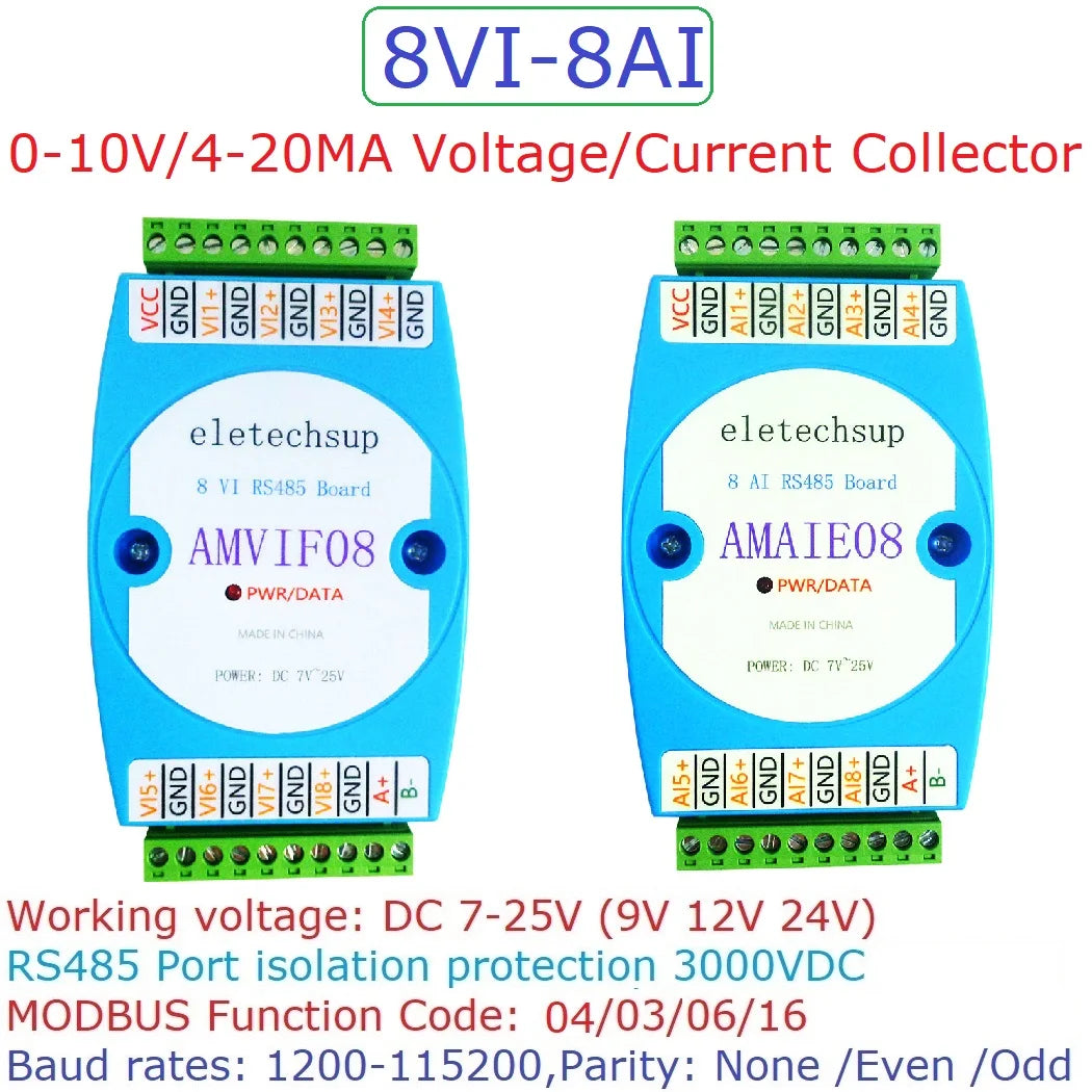 DC 12V-24V 8AI 8VI 4-20MA /0-10V to RS485 Current/Voltage ADC Collector Module for MODBUS RTU PLC Board