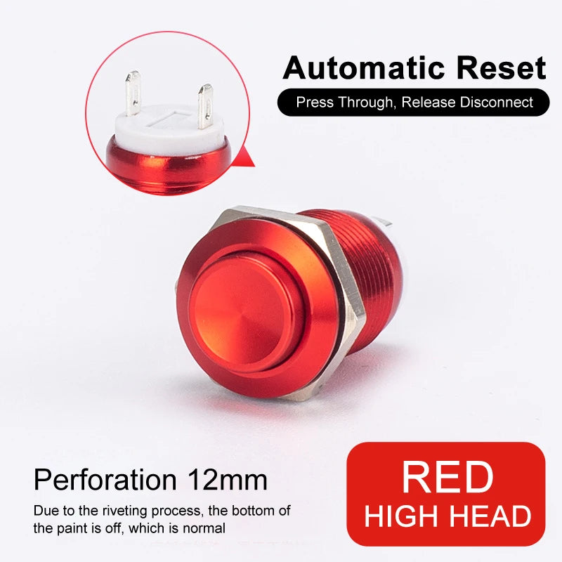 2pcs 12mm Metal Push Button Switch Oxidized Color Self Reset/Instant Reset Flat Head/Tall Head 2 Pin Waterproof Normally Open