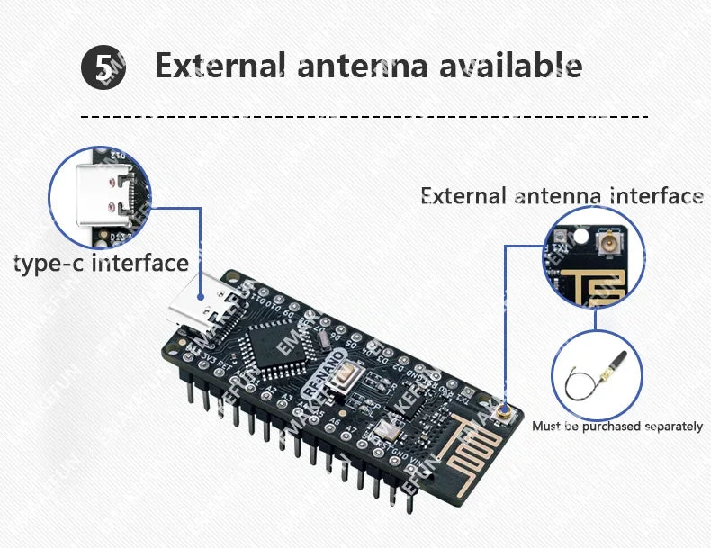 RF-Nano Board and Antenna Kit NRF24L01 Module Inside Arduino Compatible USB-C Support Arduino IDE ATmega328PB-AU Microcontroller