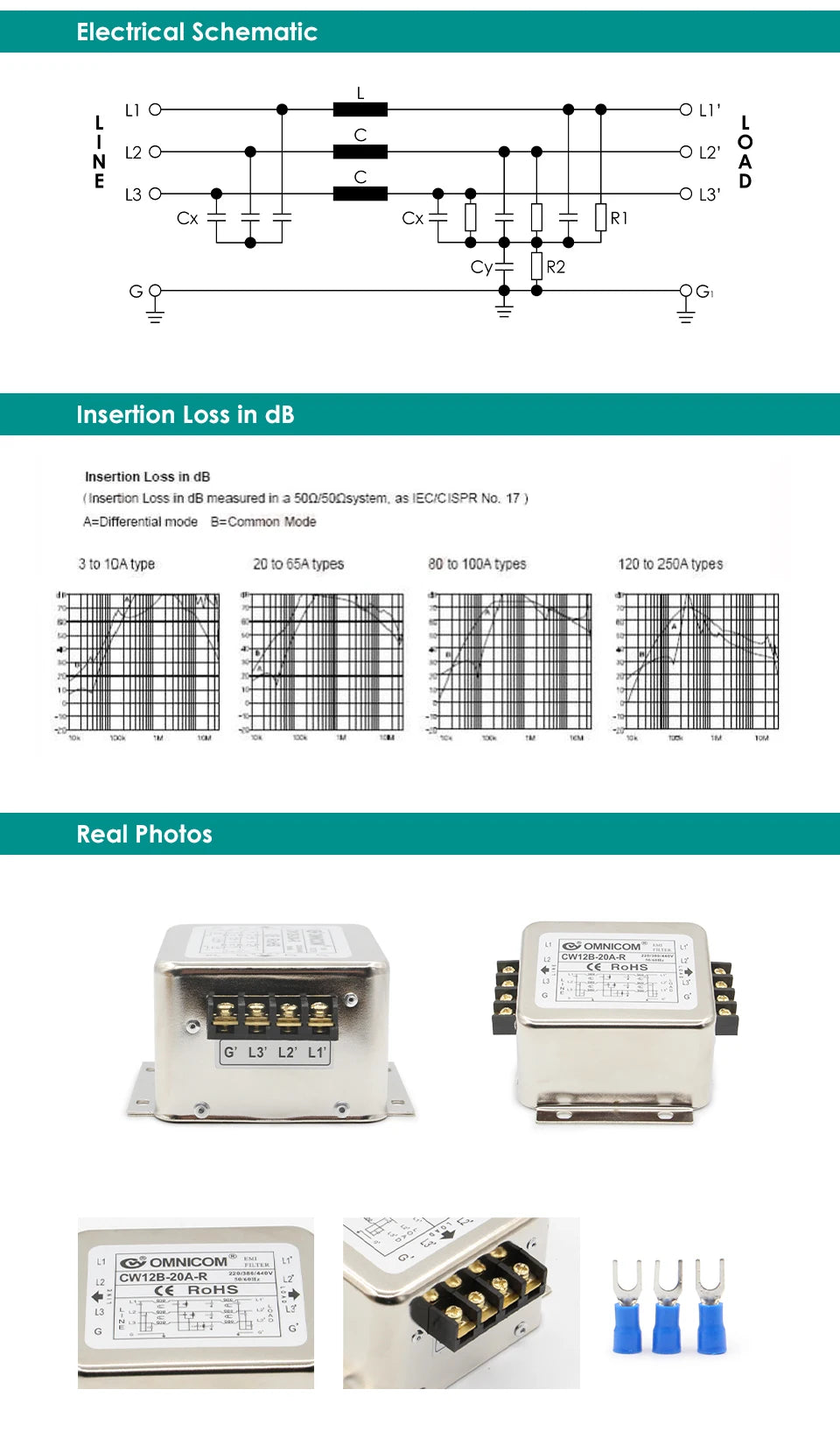 EMI Filter 3 Phase 10A 20A 30A 40A 50A 60A Switch Power Supply Filter 110V 250V 380V 440V Switching Power Supply Wave Filter