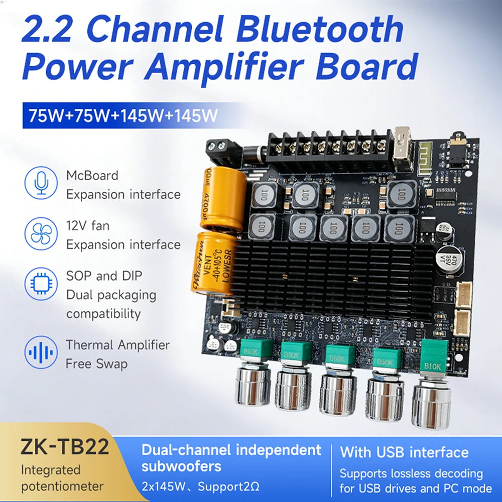 DC12‑24V ZK‑TB22 Audio Amplifier Module 75W+75W+145W+145W 2.2 Channel Bluetooth AUX USB PC Input Treble Bass Adjust