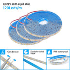 IP68 Waterproof LED Strip Light 2835 12V 24V 120LED/m with 2-pin Wire/ DC Plug Flexible Adhesive Tape 3000k/4500K/6000K 1M-20M