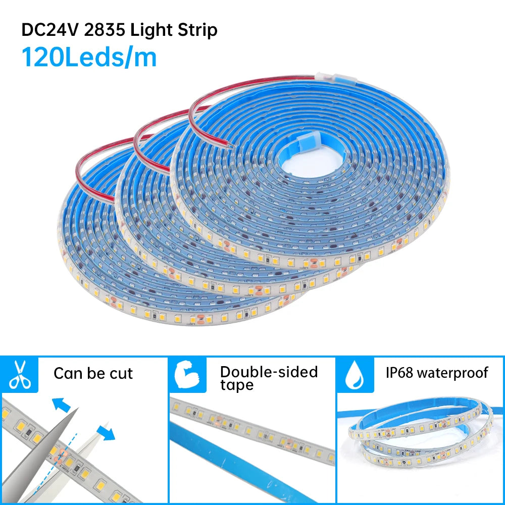 IP68 Waterproof LED Strip Light 2835 12V 24V 120LED/m with 2-pin Wire/ DC Plug Flexible Adhesive Tape 3000k/4500K/6000K 1M-20M