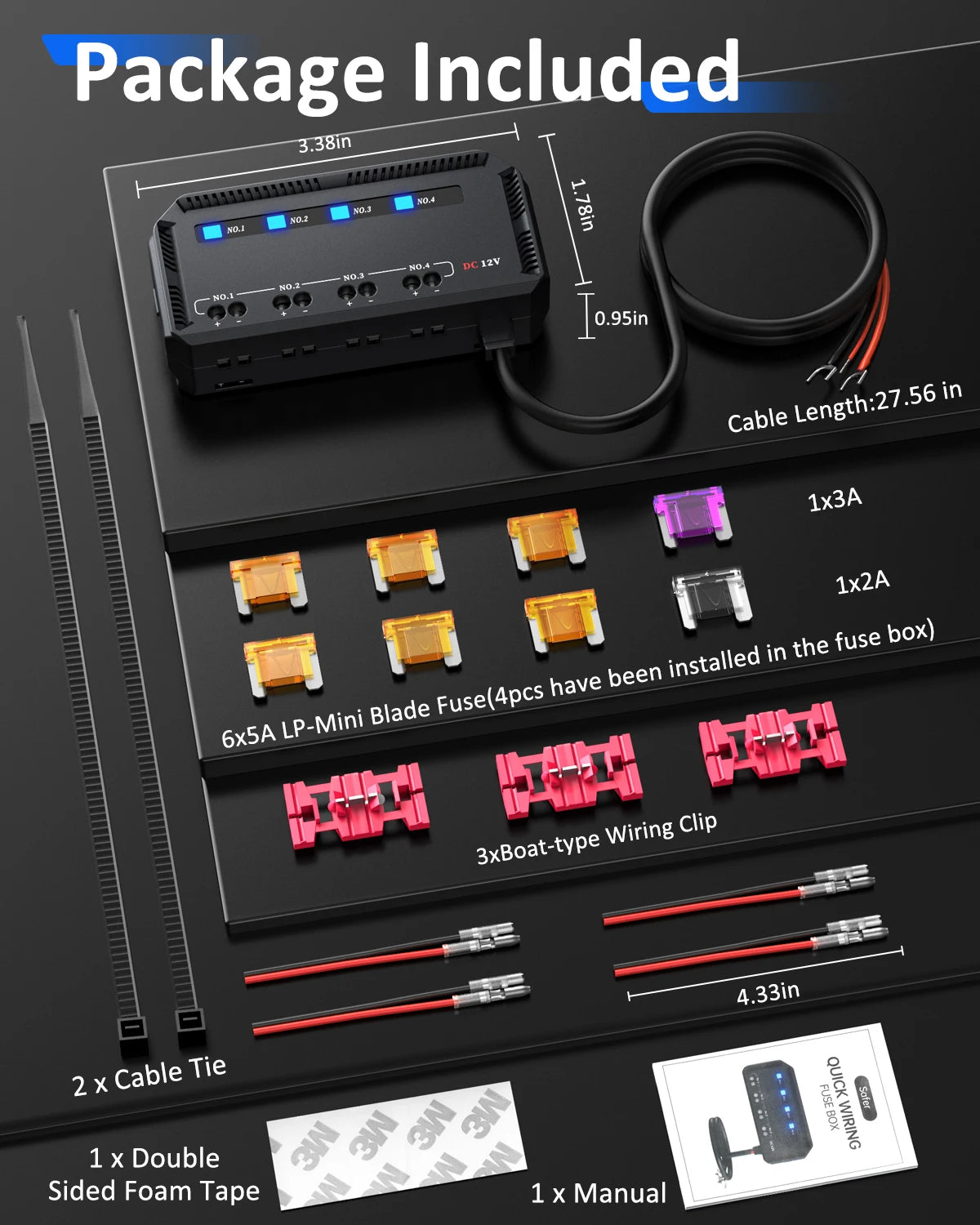 Anchtek 12V Motorcycle Fuse Box Universal Automotive Fuse Block with 4 Circuits Low Profile Mini Blade LED Indicator Fuse Holder