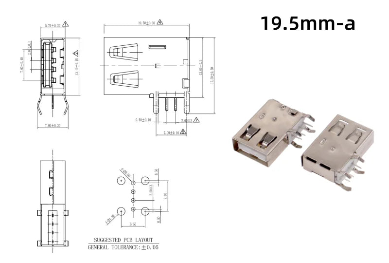 10PCS USB A Type Female Socket 14mm 19.5mm 4Pin AF 90° Right Angle Side Insertion Flat Edge Curled Edge 2.0 USB-A Type Connector