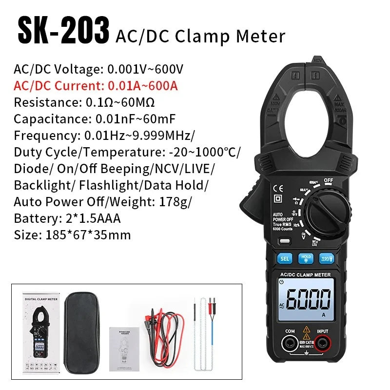 Clamp Meter Digital Multimeter 6000 Counts AC/DC Voltage Current NCV Resistance Capacitance Electrician Test Tool