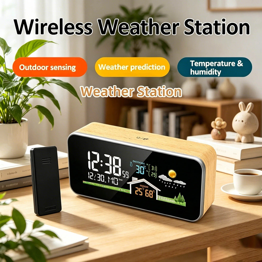 Wooden Wireless Weather Station Alarm Clock - Digital Thermometer Humidity Monitor with Wireless Sensor, Home Desktop TimeWatch
