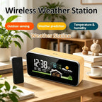 Wooden Wireless Weather Station Alarm Clock - Digital Thermometer Humidity Monitor with Wireless Sensor, Home Desktop TimeWatch