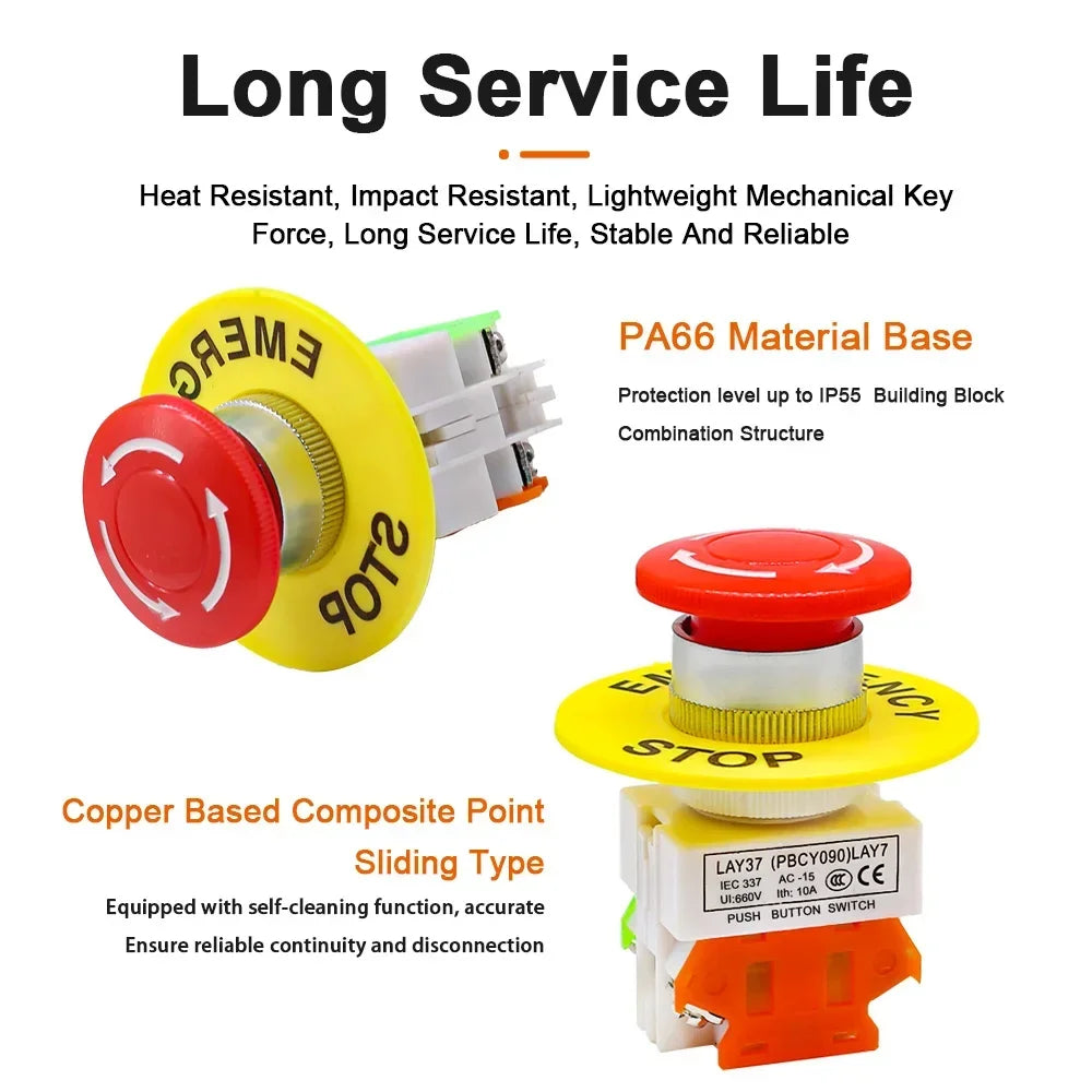 LAY7-11ZS Mushroom Head Emergency Stop Self-locking Button Switch Control Aperture Emergency Stop BButton LAY37