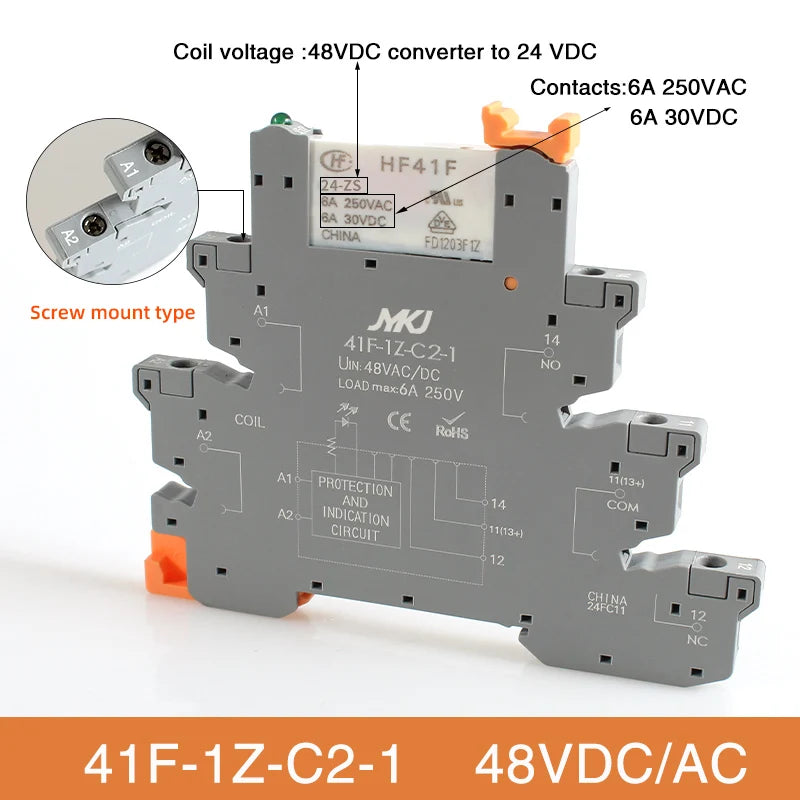 Din Rail Slim Relay Module 41F-1Z-C4-1 Integrated PCB Mount Power Relay With Relay Holder  Relay Socket 6.2mm