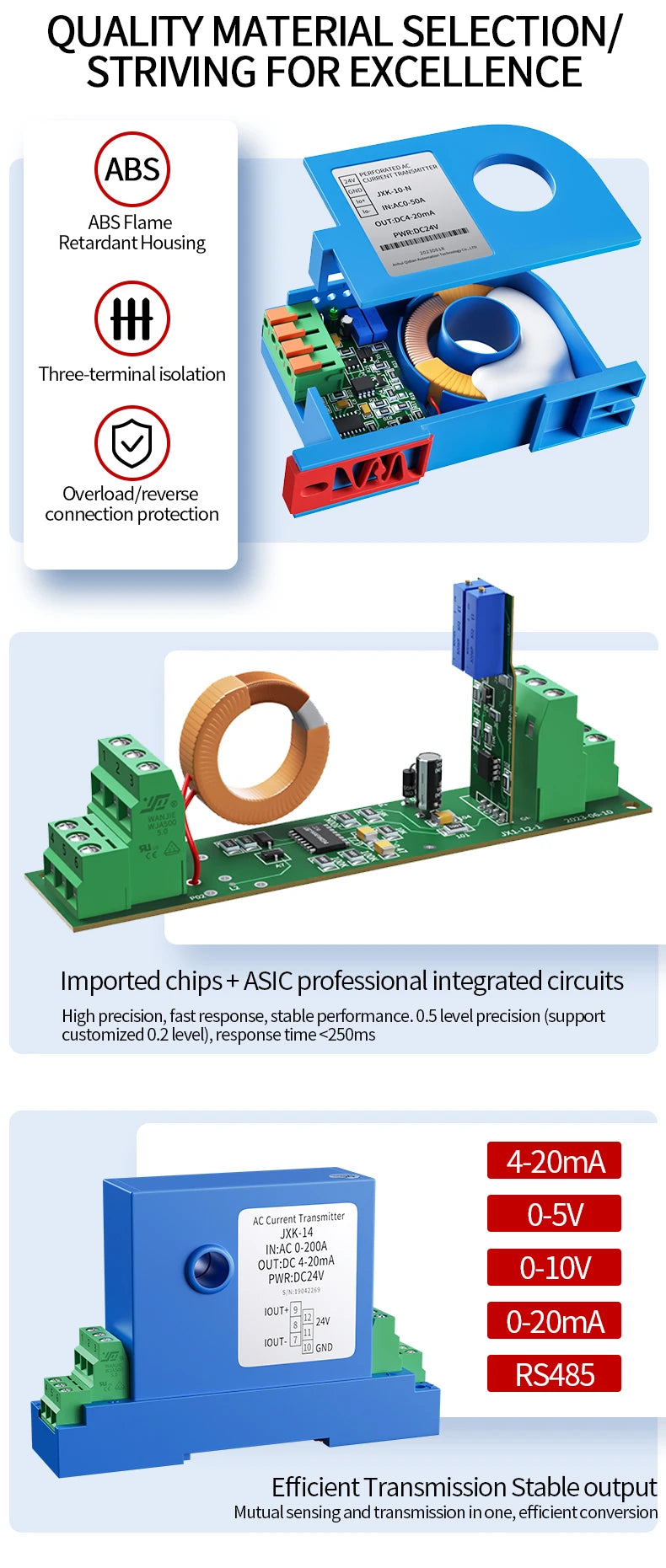 4-20mA Direct Current Transmitter 0-500A AC DC Hall Current Sensor Transducer 25mm Hole 0-10V 4-20mA RS485 Current Transmitter