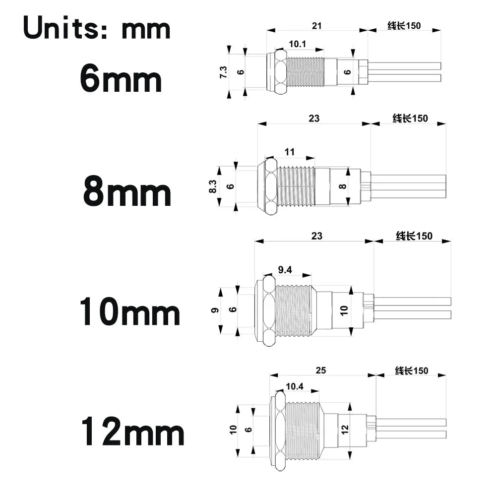 6mm 8mm 10mm 12mm LED Metal Indicator Light Signal Lamp with Wire 3V 5V 6V 12V 24V 110V 220V Red Blue Green Yellow White
