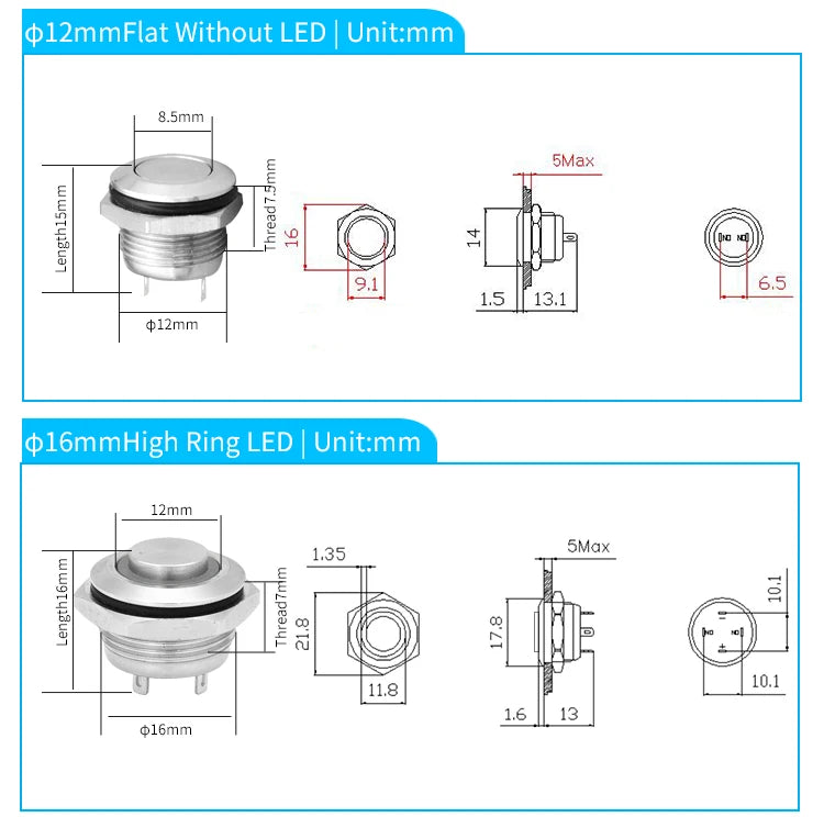 12mm 16mm 19mm 22mm Ultra-short Style Microtravel Stainless Steel Push Button Switch Led Lamp Self-reset/Momentary Normal Open