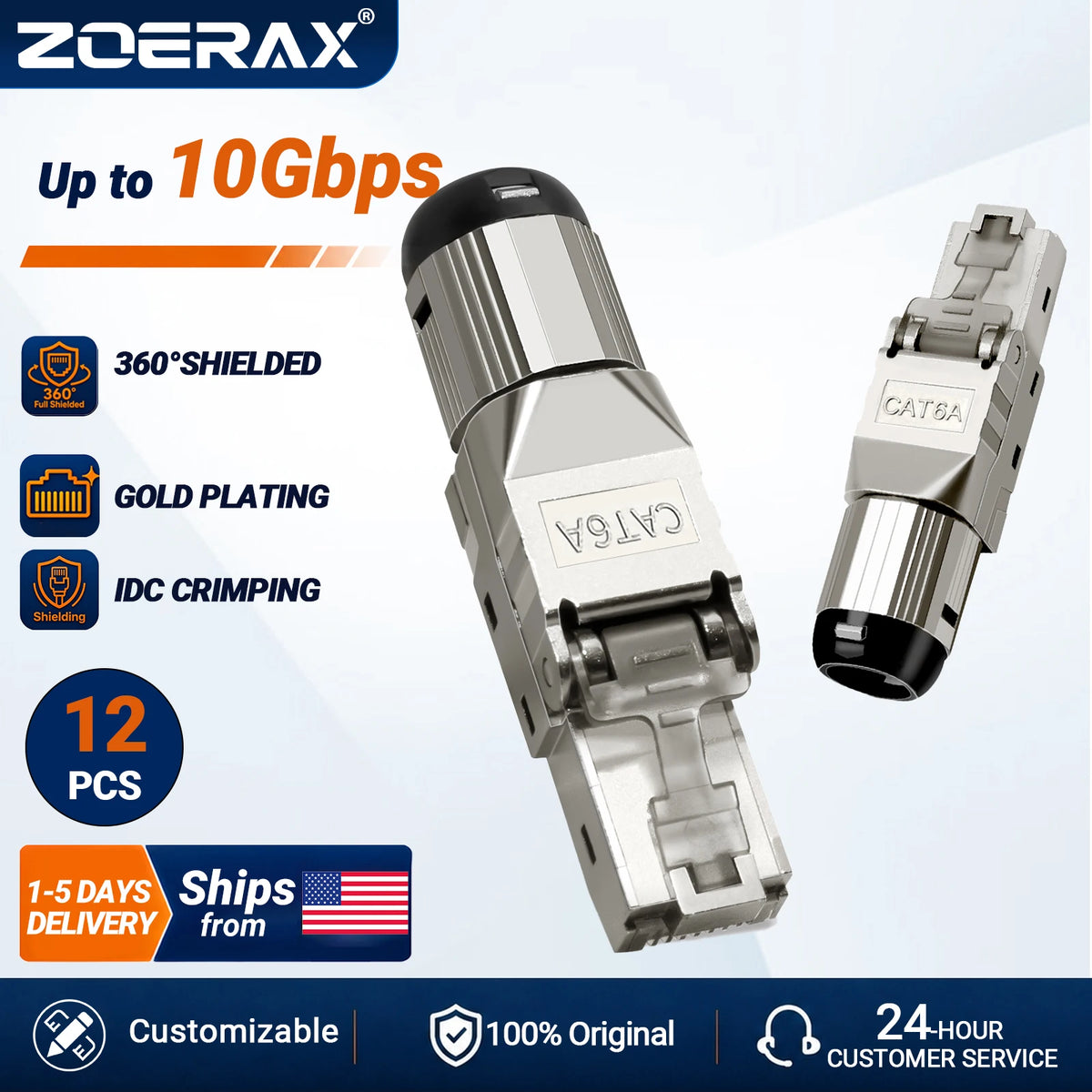 ZoeRax 12PCS RJ45 Cat6A Connectors RJ45 Shielded Toolless Modular Termination Plug 2000MHz 40G LAN Cable for 22AWG-24AWG