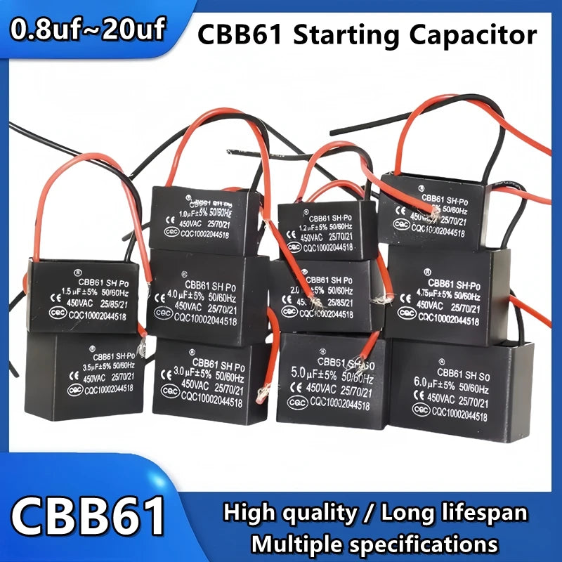 CBB61 450V Start Capacitor 1uf/1.5/1.8/2/2.5/3/4/5/6/7/8UF/10/12/15/18/20 UF Fan Ceiling Exhaust Motor Run Capacitor CBB