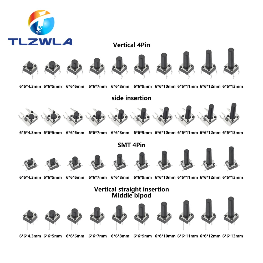 10 Models 6*6 Tact Switch Tactile Push Button Switch Kit Height: 4.3 5~13MM DIP 2P/4P Micro Switch 6x6 Key Switch