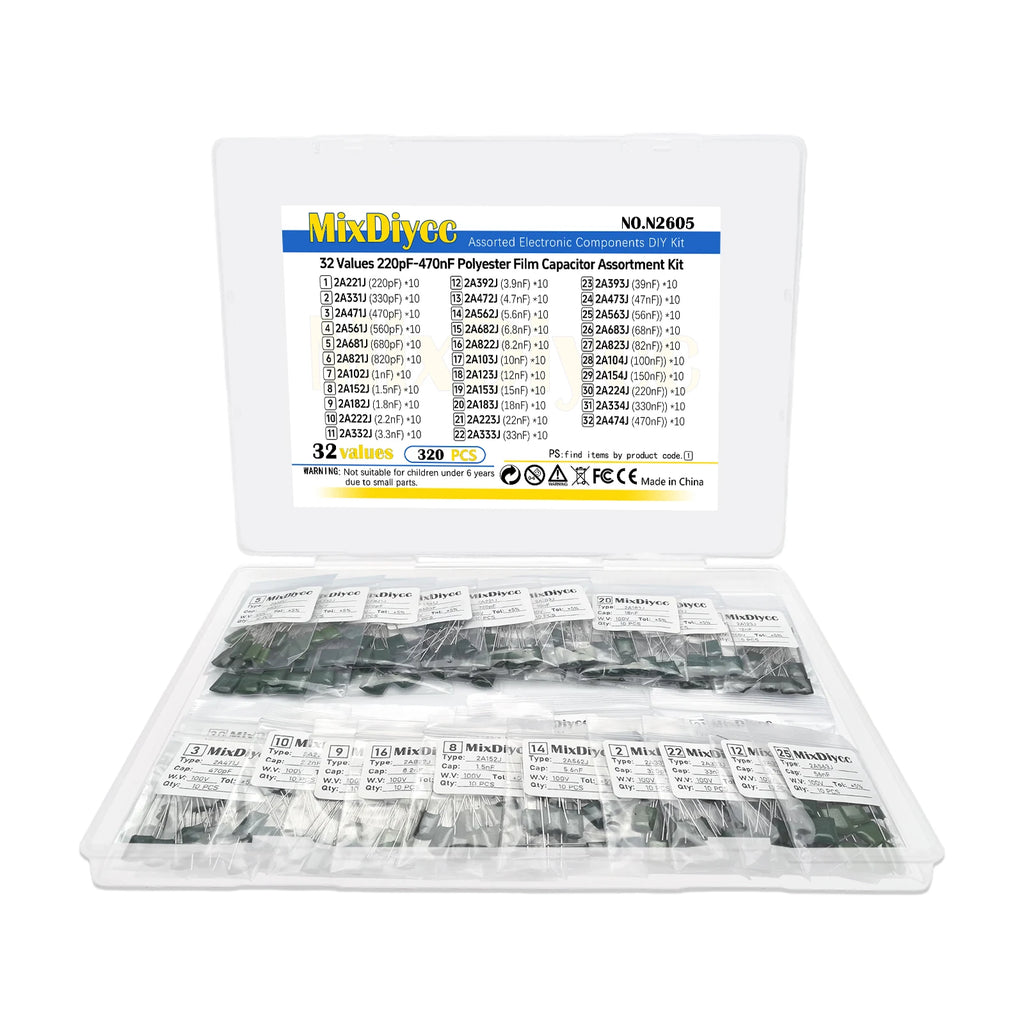 32 Values Polyester Film Capacitor Kit 100V 1/2.2/3.3/4.7/10/22/33/47/100/220/330/470 pF nF 2A 222J/472J/103J/104J/474J 320 Pcs