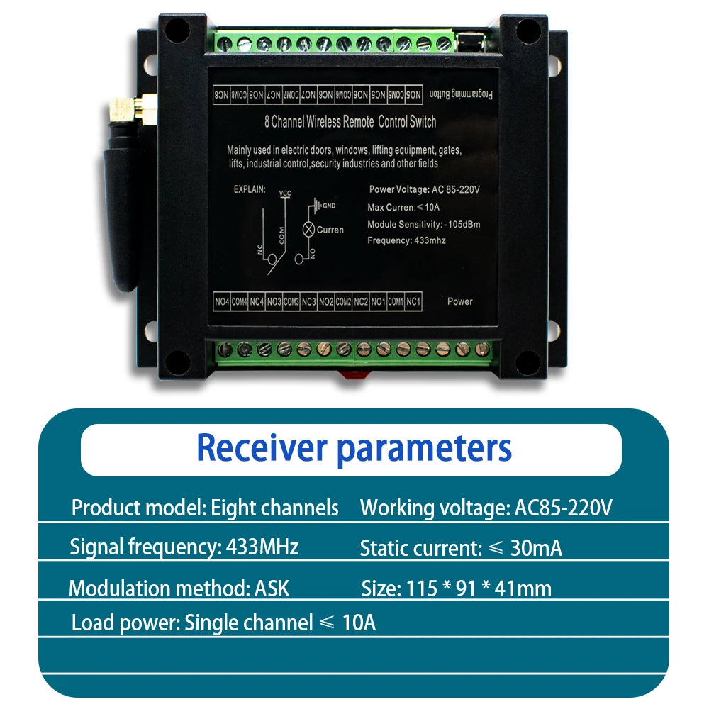 6/8CH Wireless Remote Control Switch AC 220V 100V-265V 10A Relay 6/8 Channels 433MHz Industrial Controller Receiver Transmitter