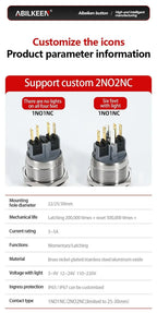 ABILKEEN 22/25MM 1NO1NC/2NO2NC Metal Push Button Switch IP65 Waterproof Momentary/Latching Push Button with LED Ring Light