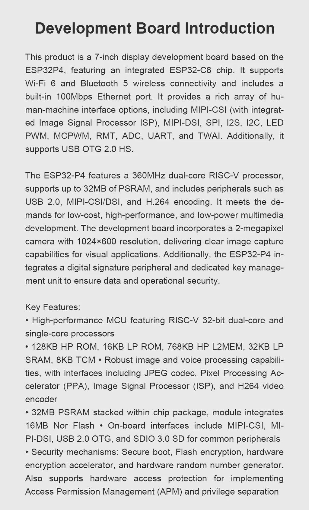 7.0-inch 1024 * 600 IPS capacitive touch ESP32P4 development board ESP32-C6 development board, with housing and camera