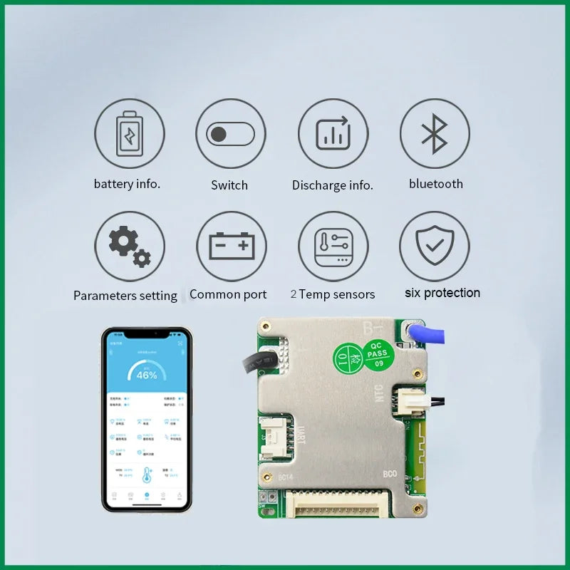 Small Type 3.2V LiFePO4 3.7V Li-ion 20A 30A 40A 50A Electric Bike Smart BMS 7S-14S 24V 36V 48V with UART BT