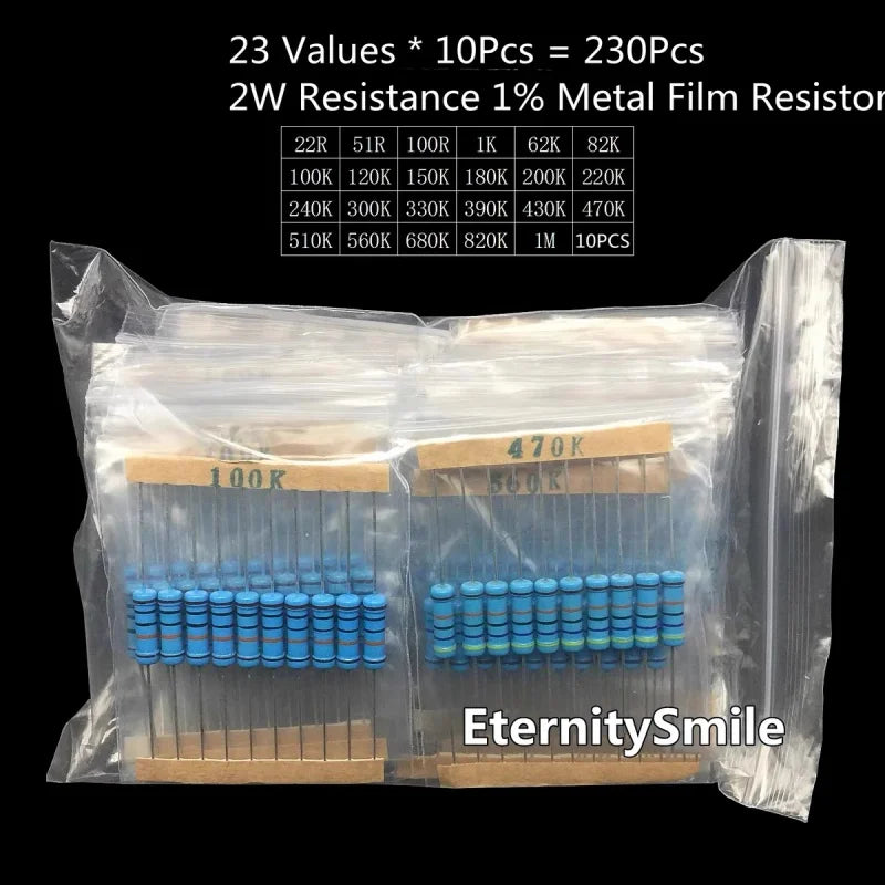 230PCS 2W 1% metal film resistors 22R ohm-51R, 100R, 1K, 100K, 120K, 150K, 1M ohm resistor package with 23 values, 10 each