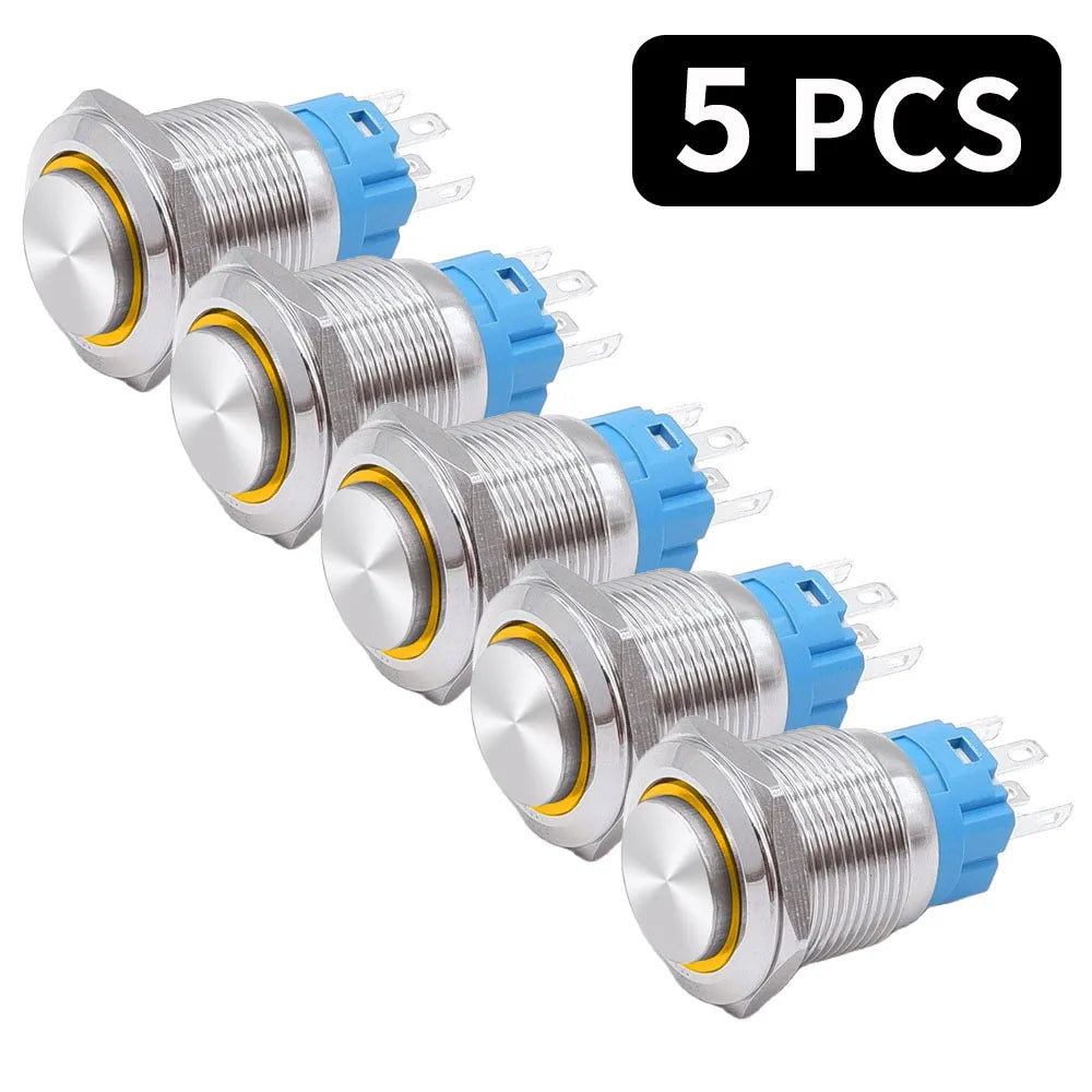 5 PCS 16mm 19mm 22mm Metal Push Button Switch 12v Ring Power Buttons Waterproof LED Light Self-lock Self-reset 220V High Head