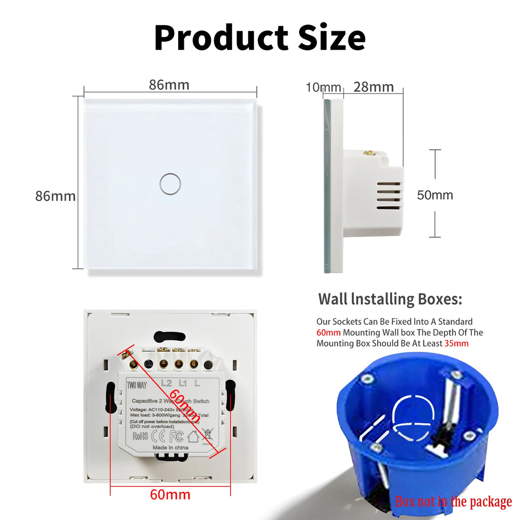 Touch Light Switch With EU Socket 1 Gang 2 Way Wall Light Switch LED Sensor Tempered Glass Interrupter EU Standard 240V