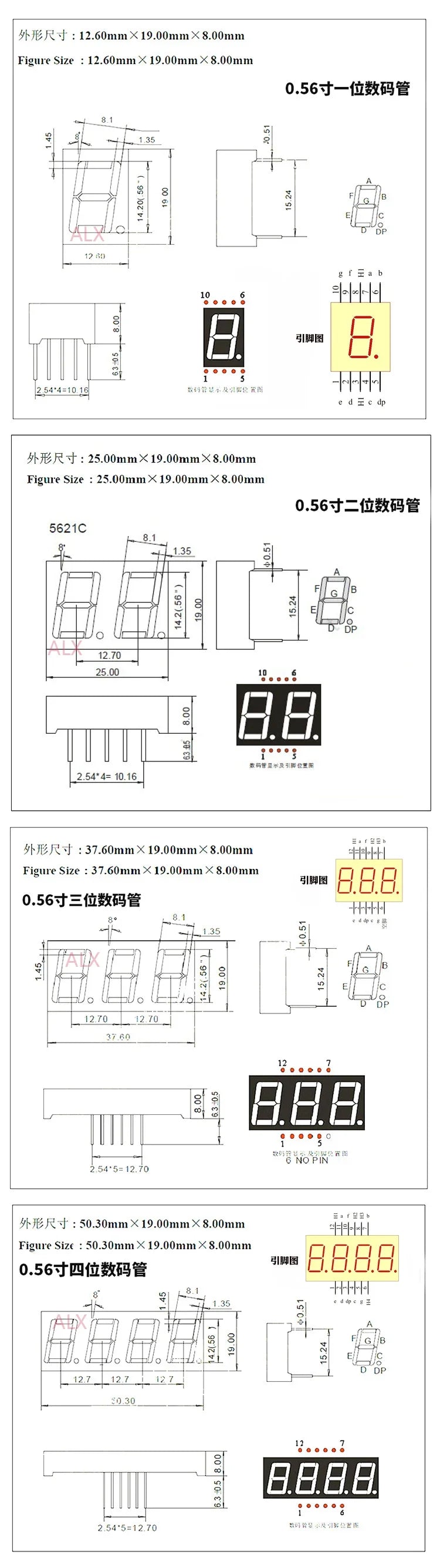5PCS 0.28/0.36/0.4/0.56 inch 0.36inch 7 Segment 1/2/3/4 Bit Red Digital Tube Common Cathode/Anode LED Digit Display 1Bit/2Bit