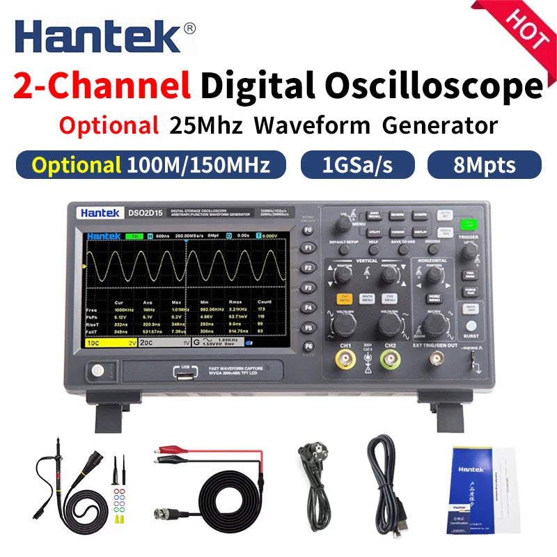 Hantek DSO2C10 DSO2C15 DSO2D10 DSO2D15 2CH Oscilloscope 100/150MHz 1GSa/s 8Mpts FFT UART I2C SPI CAN LIN 25MHz AWG D Models