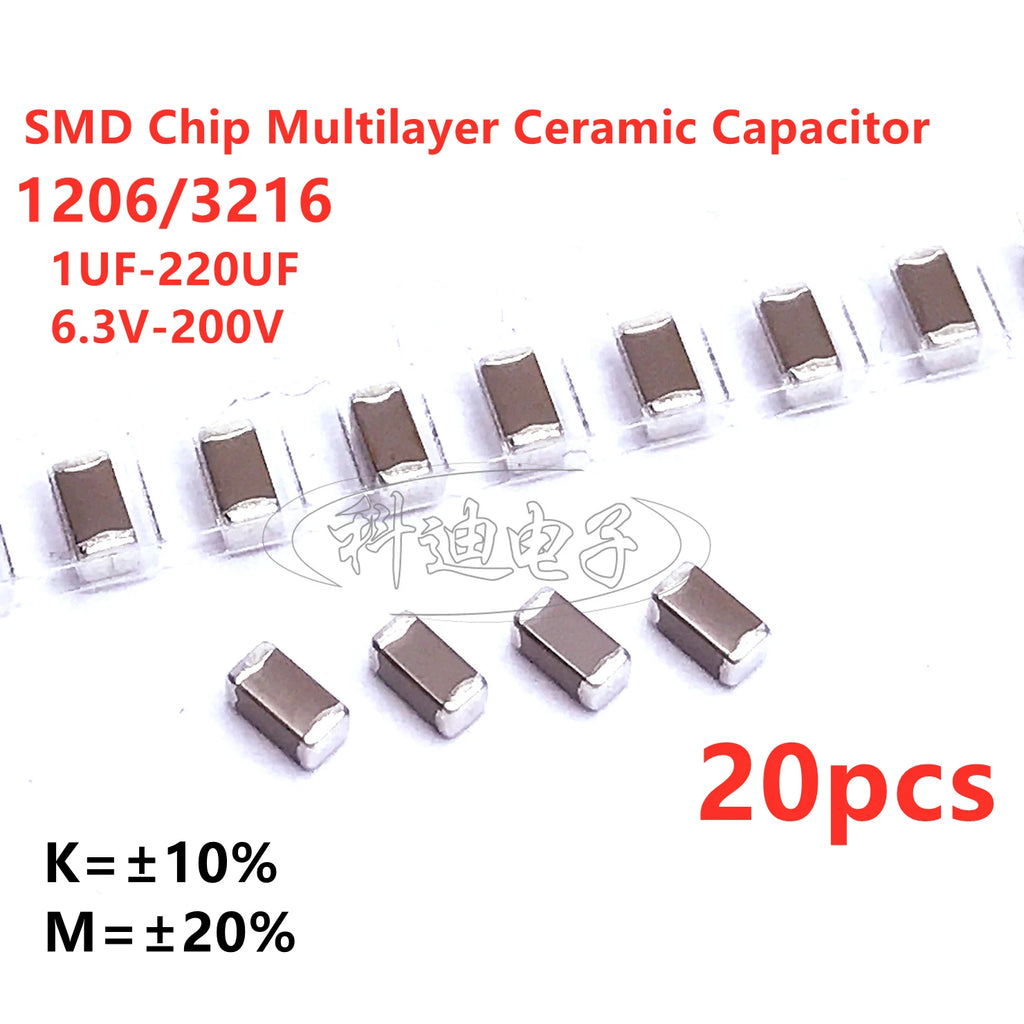 20pcs 1206 3216 SMD Capacitor 1UF 2.2UF 4.7UF 10UF 22UF 47UF 100UF 220UF 10V 16V 25V 35V 50V 63V 100V 200V X7R X5R ±10%=K ±20%=M