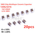 20pcs 1206 3216 SMD Capacitor 1UF 2.2UF 4.7UF 10UF 22UF 47UF 100UF 220UF 10V 16V 25V 35V 50V 63V 100V 200V X7R X5R ±10%=K ±20%=M