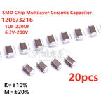20pcs 1206 3216 SMD Capacitor 1UF 2.2UF 4.7UF 10UF 22UF 47UF 100UF 220UF 10V 16V 25V 35V 50V 63V 100V 200V X7R X5R ±10%=K ±20%=M