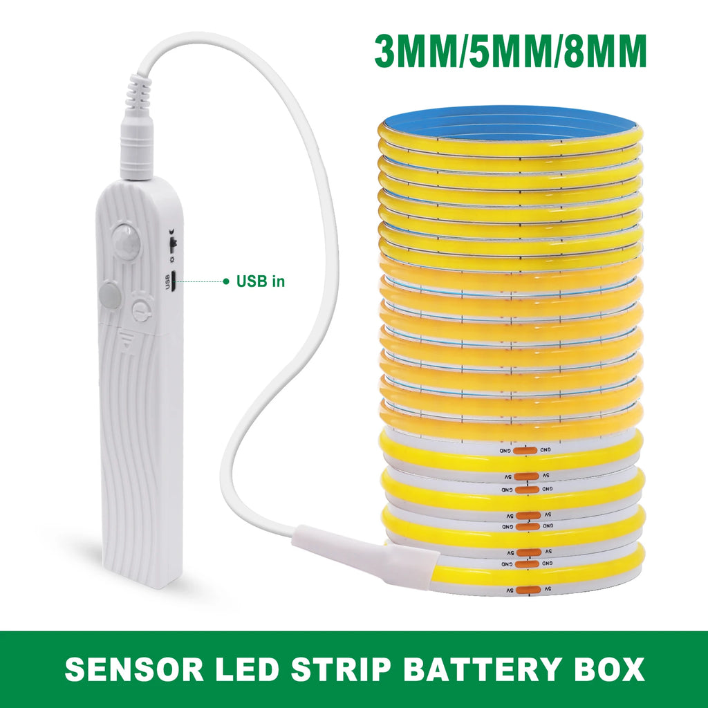 3MM 5MM 8MM COB LED Light Strip 5V 320LEDs PIR Motion Sensor Flexible Night Light USB/AAA Battery Powered Tape 3000K 4000K 6000K
