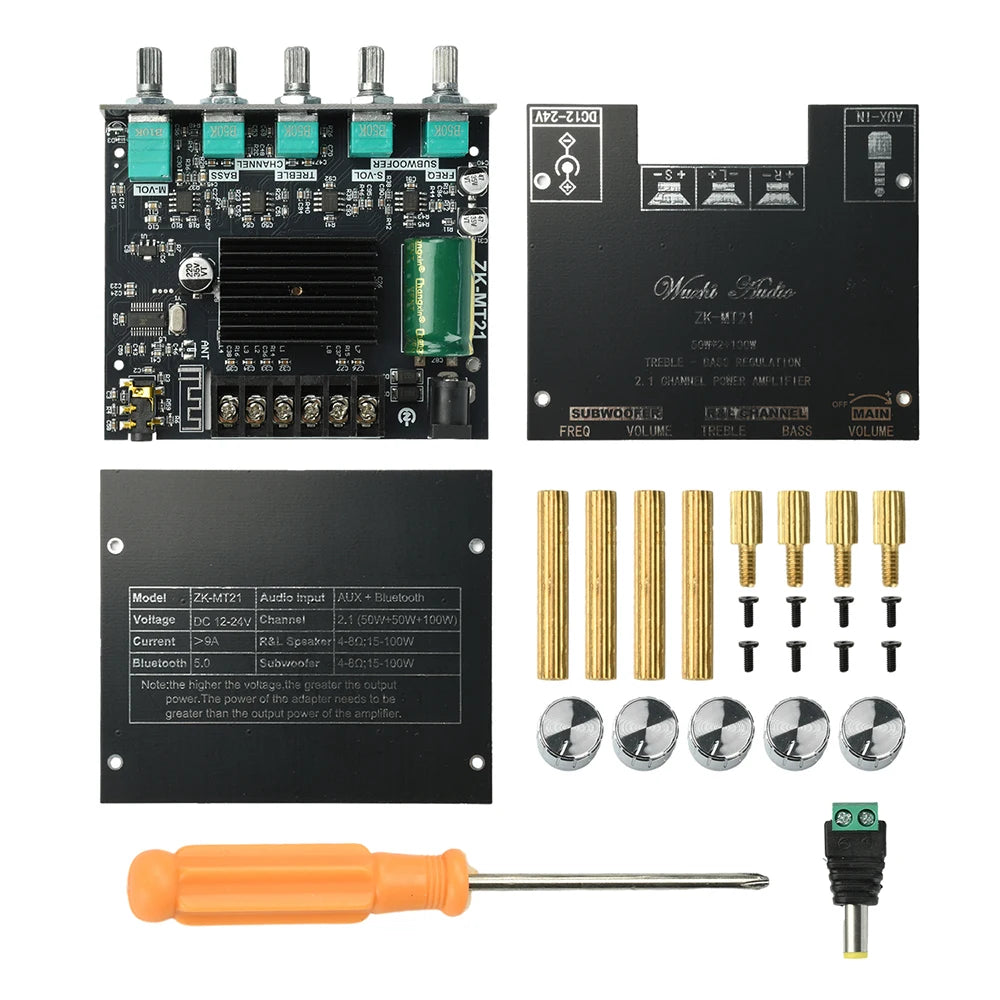 MT21 2.1 Channel Bluetooth 5.0 Digital Amplifier Module 100W+50W+50W Subwoofer Audio Board Treble Bass Adjustment AUX Input for Speaker DIY