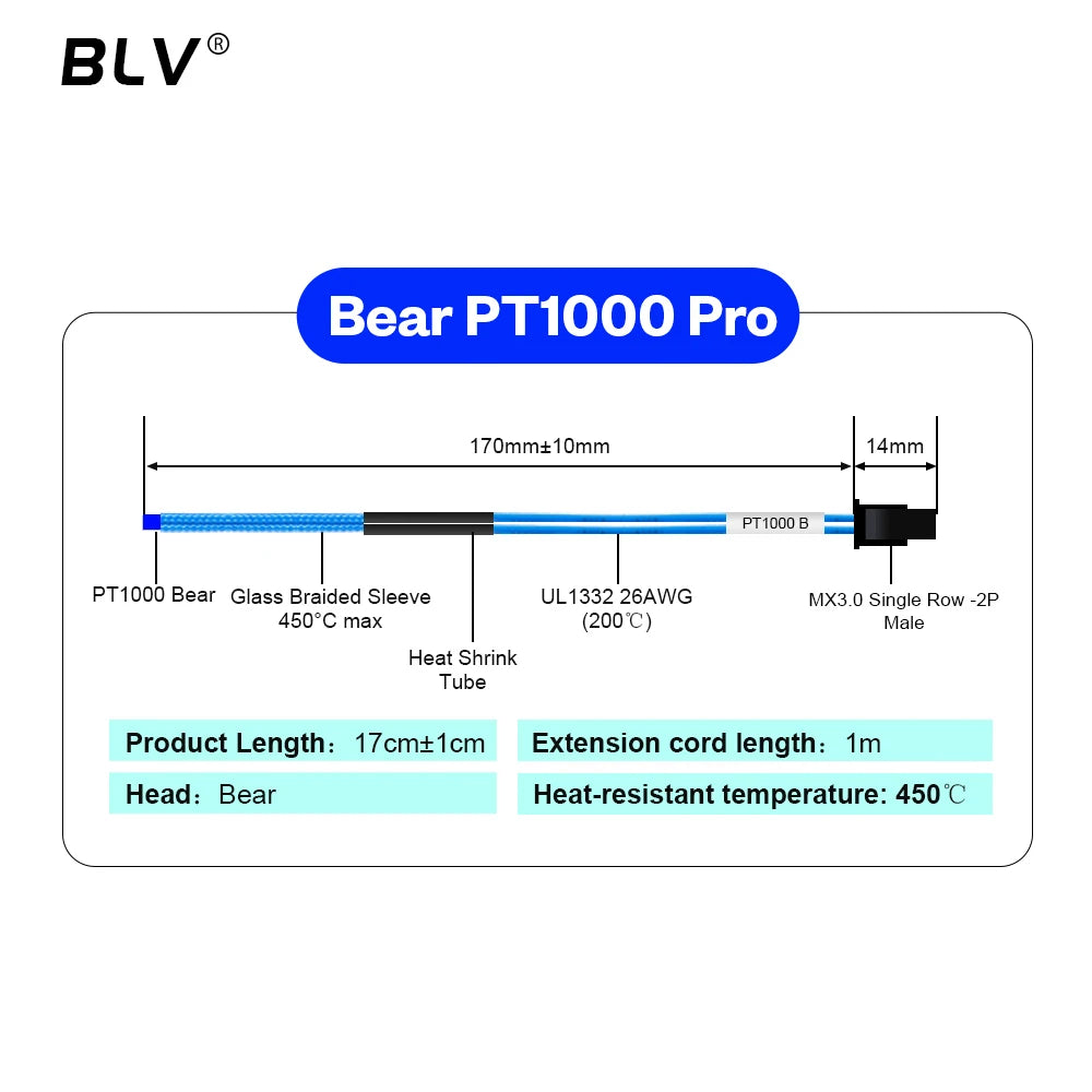 BLV® PT1000 Thermistor M3 M4 Bear 3x15mm PT1000 Pro High Temperature Resistance 450℃ For Rapido Hotend Dragon Hotend