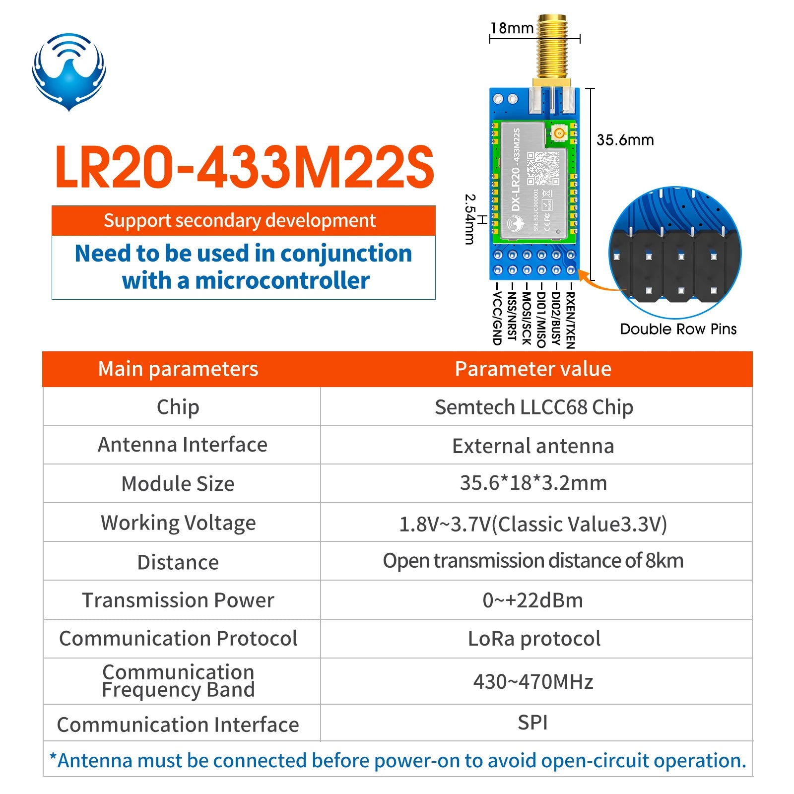 LLCC68 LoRa Wireless Module 868Mhz 915Mhz 433 475Mhz DX-LR20 22dBm 8KM Long Range SMD RF Module Power Supply