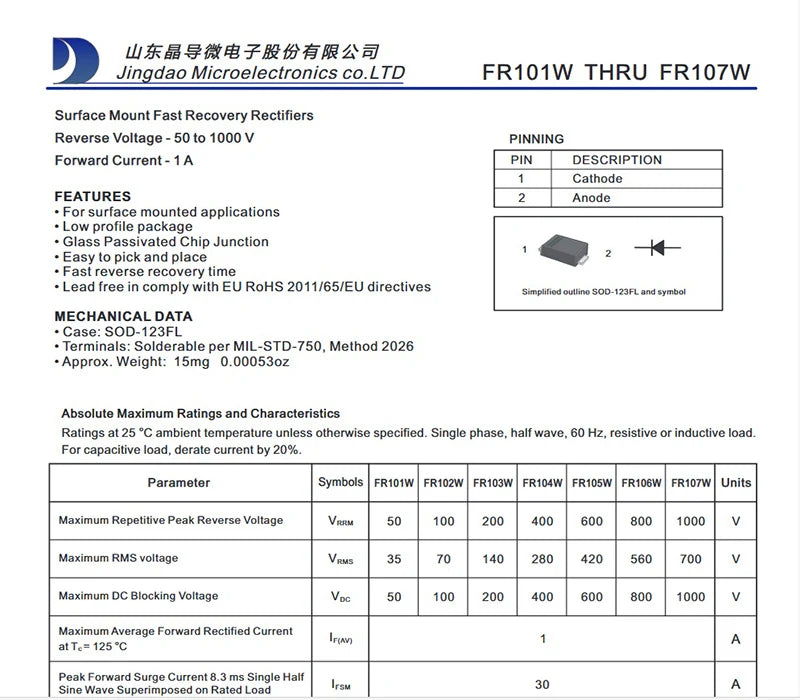 100pcs FR107W 1206 SOD-123FL F7 SMD Fast Recovery Rectifiers Ultra-Thin New Original 1N4007W A7 1N4148W T4 1N5819W S4