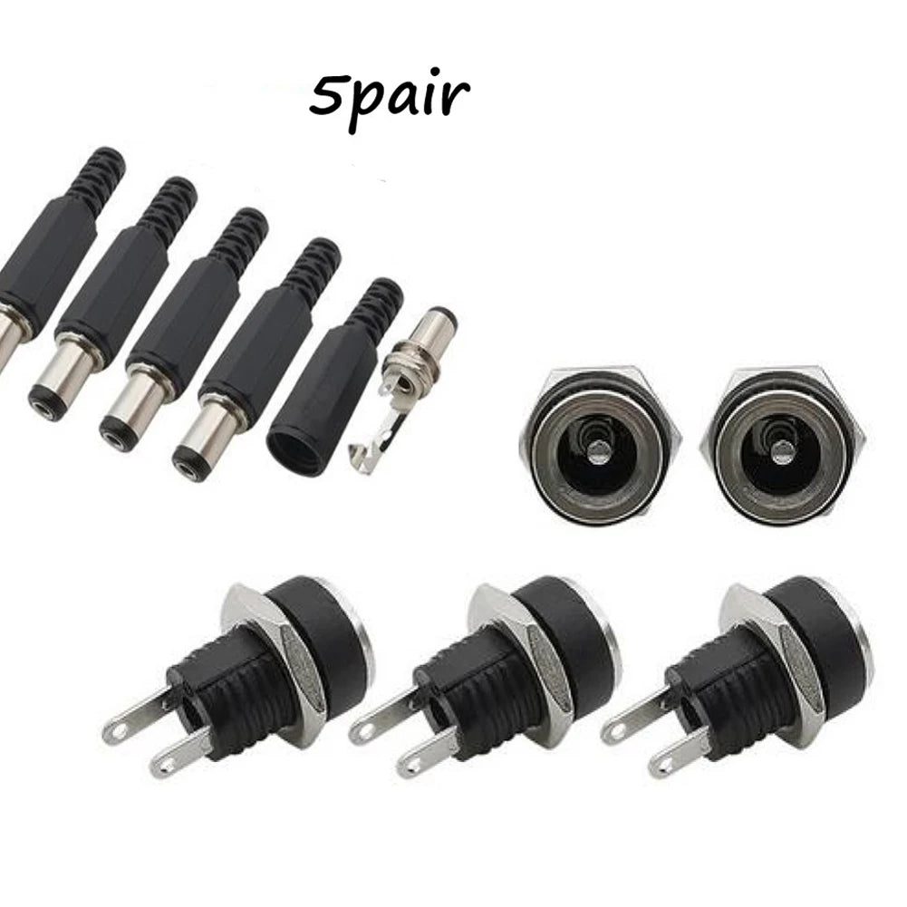 5 Pairs DC 12V Male Jack Plug Female Socket Panel Mount Power Connectors Terminals Blocks Electrical Equipment Supplies
