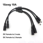 10A 18awg 19V 24V 12V 2 Way DC 1 Male to 2 Male Female Splitter Connector Power Supply Adapter Extension Cable 5.5x2.1mm Plug M