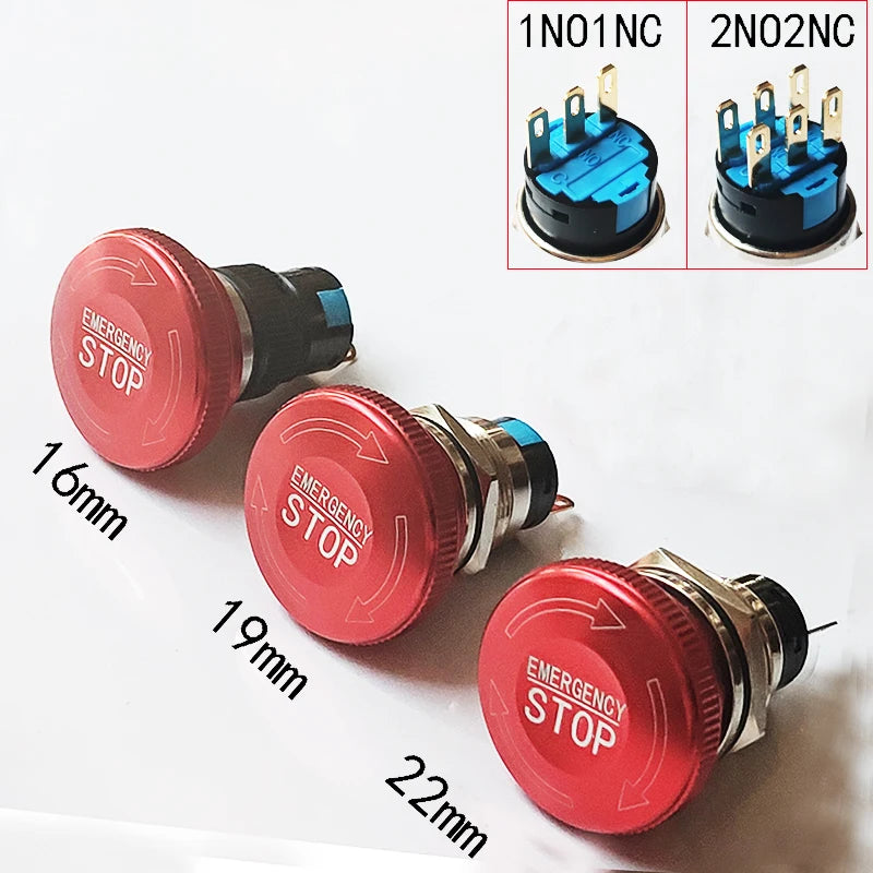 16mm 19mm 22mm Emergency Stop Metal Button Mushroom Head Push Button Stop Switch 1NO1NC 2NO2NC Latching Switch Retention On Off